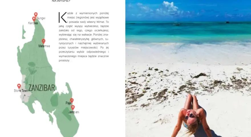 Piękna plaża na wyspie Zanzibar, turkusowa woda i biały piasek. Kobieta wyleguje się na piasku.