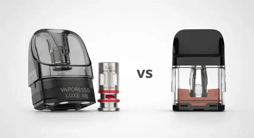 Dos cartuchos de vape, uno con una resistencia dual mesh de 0.2Ω y otro con una resistencia de 0.4Ω, listos para ser instalados.