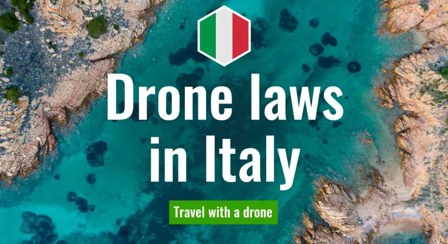 Aerial view of a stunning Italian coastline with text overlay: "Drone laws in Italy. Travel with a drone.