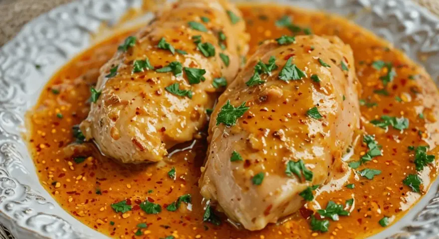 Dos pechugas de pollo en una sabrosa salsa naranja, espolvoreadas con perejil fresco picado.