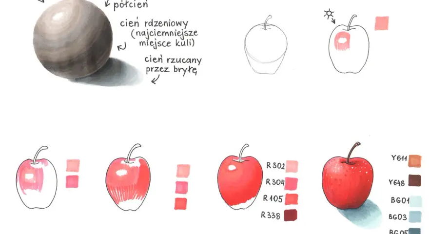 Ilustracja pokazuje, jak narysować owoce, demonstrując cieniowanie kuli i jabłek, wraz z paletami kolorów.