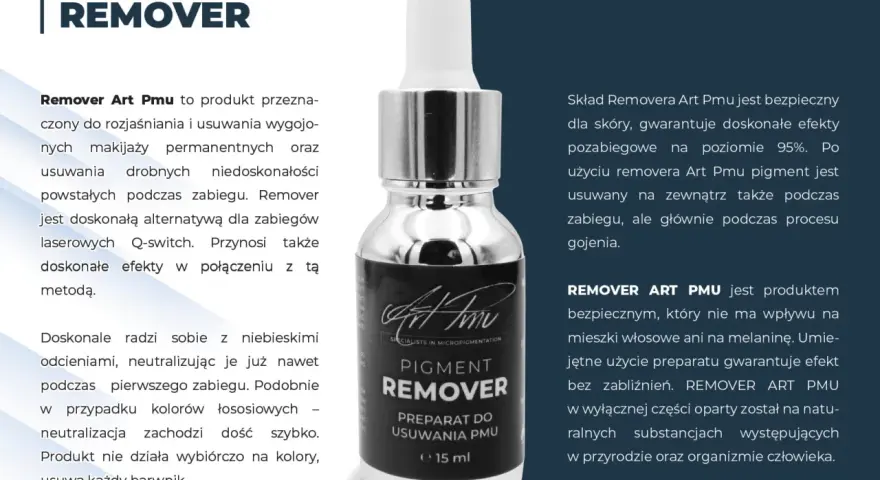 Butelka z preparatem Remover Art Pmu do usuwania makijażu permanentnego, z pipetą. Skuteczny i bezpieczny dla skóry.