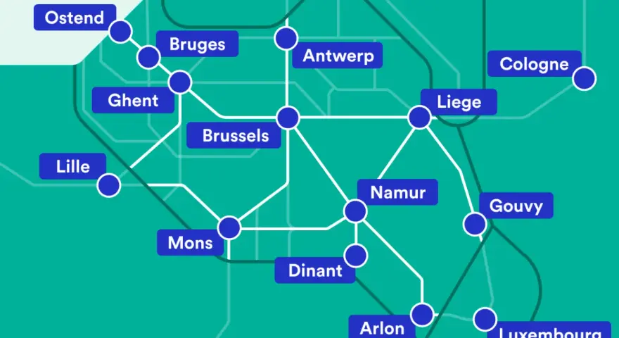 Map showing train routes connecting major cities in Belgium, including Brussels, Antwerp, and Ghent, with international connections to Lille, Cologne, and Luxembourg.