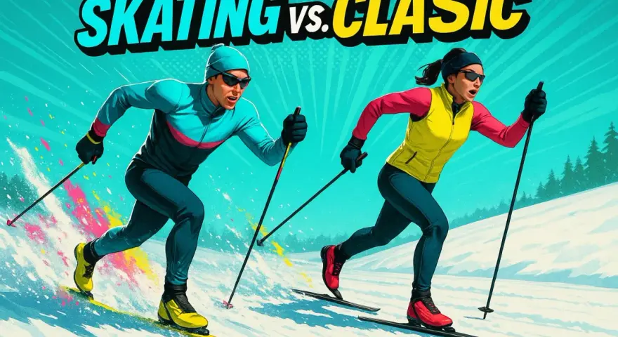 Två skidåkare tävlar, en i skate-stil och en i klassisk stil. De visar upp olika skidstilar i en dynamisk illustration.
