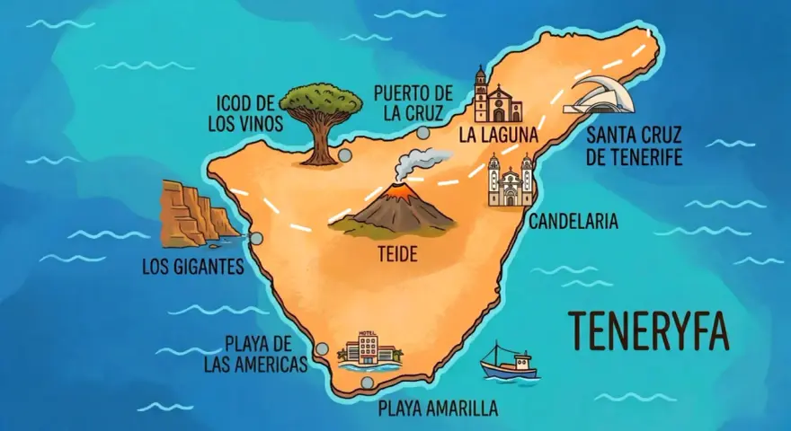 Mapa Teneryfy z zaznaczonymi atrakcjami: wulkan Teide, Los Gigantes, Playa de las Américas. Idealne miejsce na wczasy na Teneryfie!