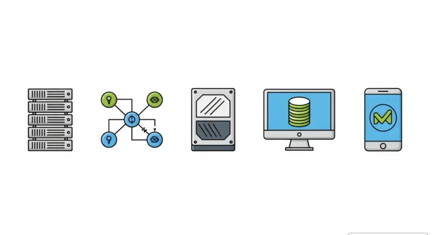 Icons representing IT virtualization: servers, network diagram, hard drive, computer with data, and smartphone.