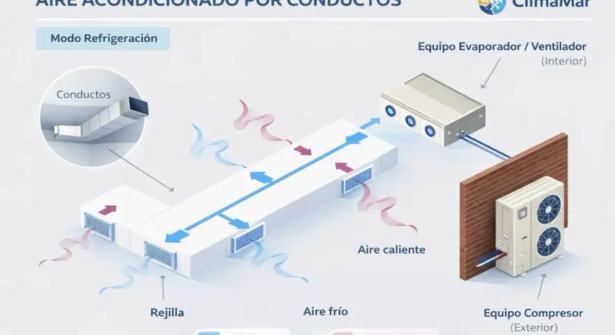 Diagrama ilustra el **consumo aire acondicionado por conductos** en modo refrigeración, mostrando el equipo interior y exterior, conductos y rejillas.