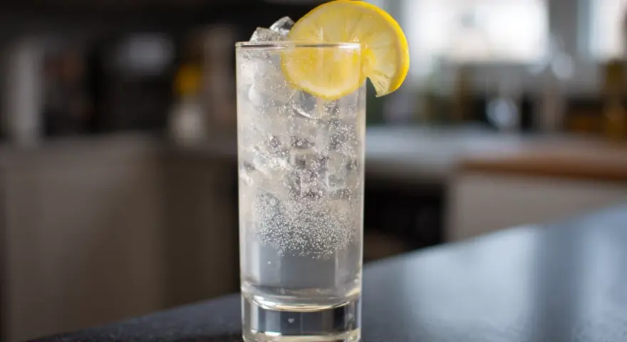 Ett glas med is och bubblor, toppad med en citronskiva. En klassisk Tom Collins, redo att avnjutas.