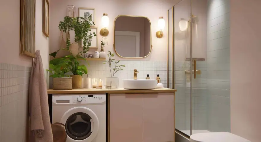 Ein kleines Bad einrichten: Waschmaschine, Waschbecken, Dusche und WC in zarten Rosatönen, mit Pflanzen und goldenen Akzenten.