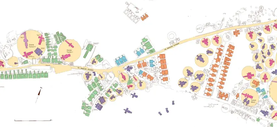 Map of the Etruscan necropolis of Banditaccia, Cerveteri, showing various tombs and tumuli, color-coded for identification.