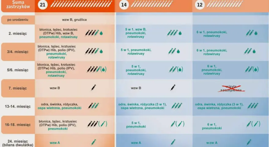 Tabela porównująca kalendarze szczepień niemowląt i dzieci: obowiązkowe i zalecane.