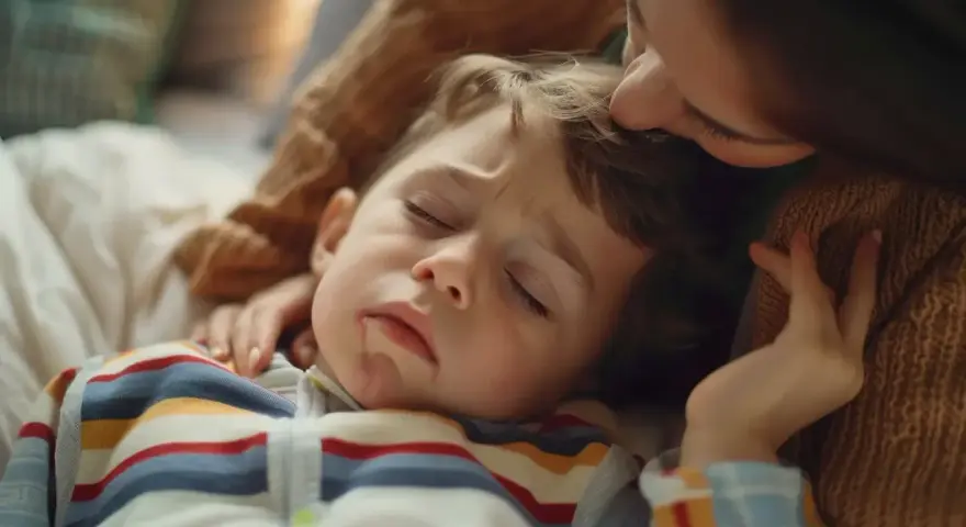 Matka tuli chore dziecko, przykładając mu czoło do czoła.