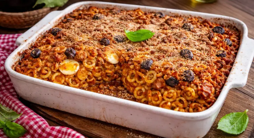 Piatto di anelletti alla siciliana appena sfornato, con uova sode, olive nere e una croccante panatura.