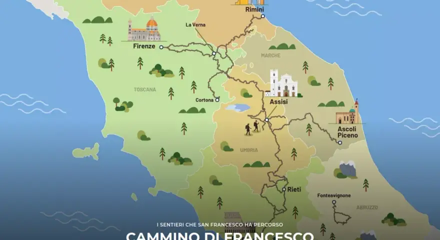 Mappa illustrata del Cammino di Francesco, che mostra i sentieri spirituali in Italia da Rimini ad Assisi, Rieti e oltre.