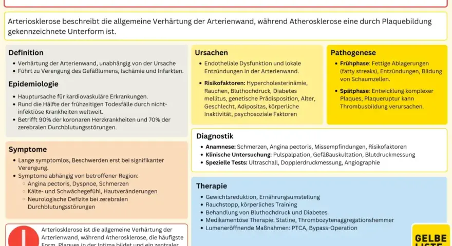Arteriosklerose: Verhärtung der Arterienwand, beeinflusst die Lebenserwartung. Risikofaktoren wie Bluthochdruck und Rauchen sind zentral.