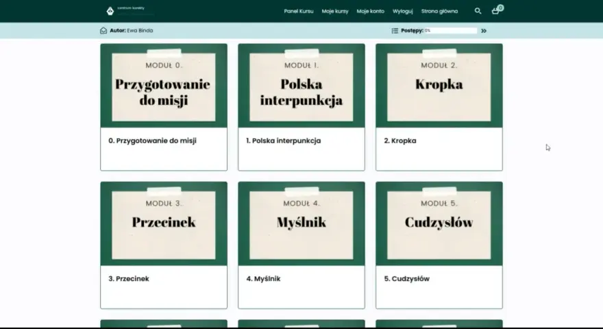 Moduły kursu o interpunkcji: przygotowanie, polska interpunkcja, kropka, przecinek, myślnik, cudzysłów.