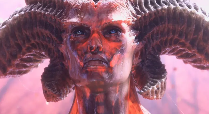 Diablo 4 aktualizacja: przerażająca twarz demona z rogami, oświetlona czerwonym blaskiem.