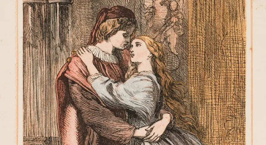 Los **romeo y julieta personajes** se abrazan apasionadamente. Ella, con cabello largo y vestido azul, lo mira con anhelo. Él, con túnica roja y gorro, la rodea con ternura.