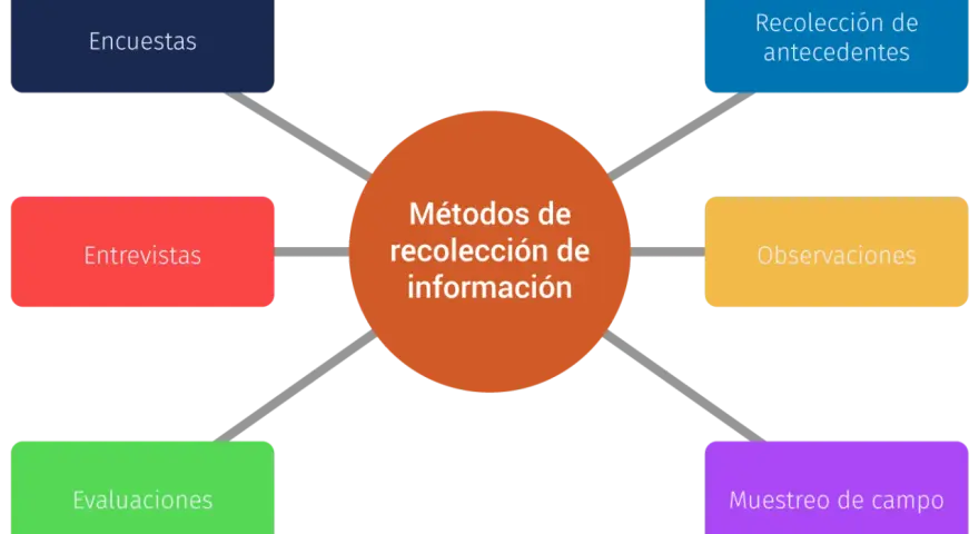 Diagrama de los tipos de investigación de mercados: encuestas, entrevistas, evaluaciones, recolección de antecedentes, observaciones y muestreo de campo.