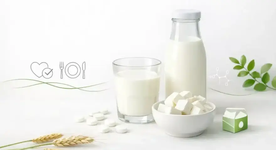 Mleko bez laktozy co to znaczy? Zdjęcie przedstawia produkty mleczne, tabletki i symbole zdrowego odżywiania.