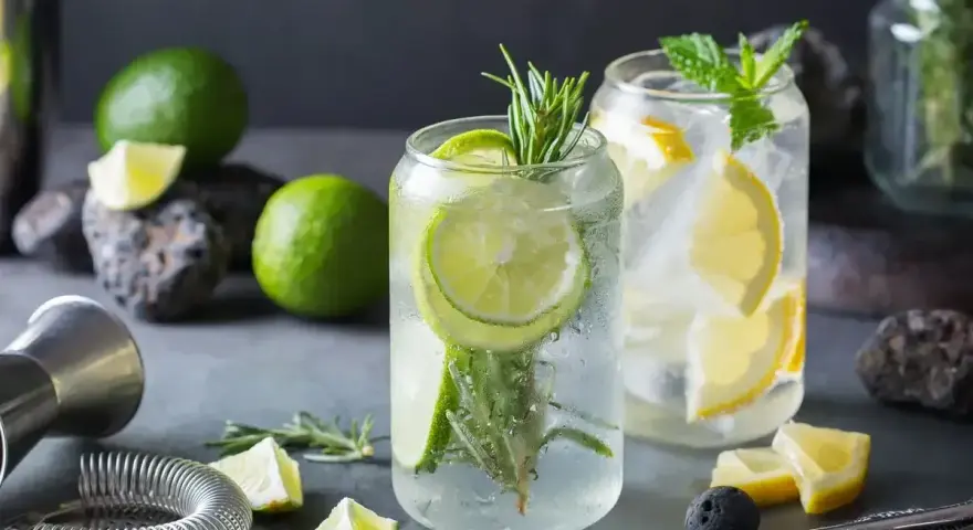 Orzeźwiające drinki z ginem, ozdobione plasterkami limonki, cytryny i gałązkami rozmarynu. Idealne na letnie wieczory.