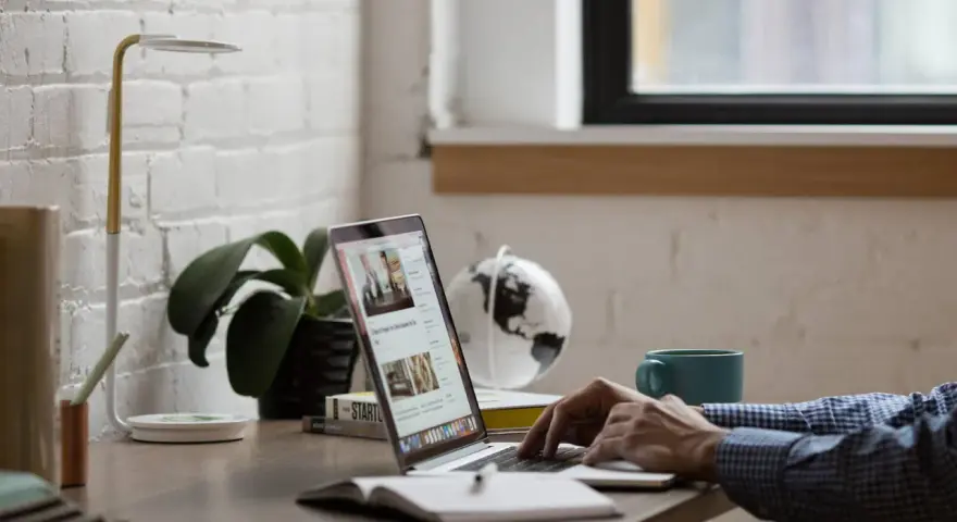 Person tippt auf Laptop, daneben stehen Lampe, Pflanze, Globus und Tasse.