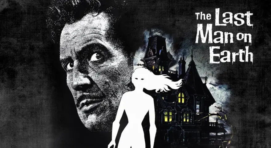 Il volto di Vincent Price domina l'immagine, con una casa gotica e una figura bianca spettrale. Un classico tra i migliori film distopici.