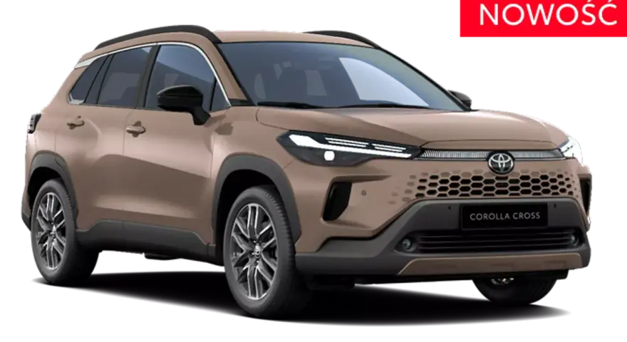 Brązowy Toyota Corolla Cross Hybrid z napisem "NOWOŚĆ" na czerwonym tle.