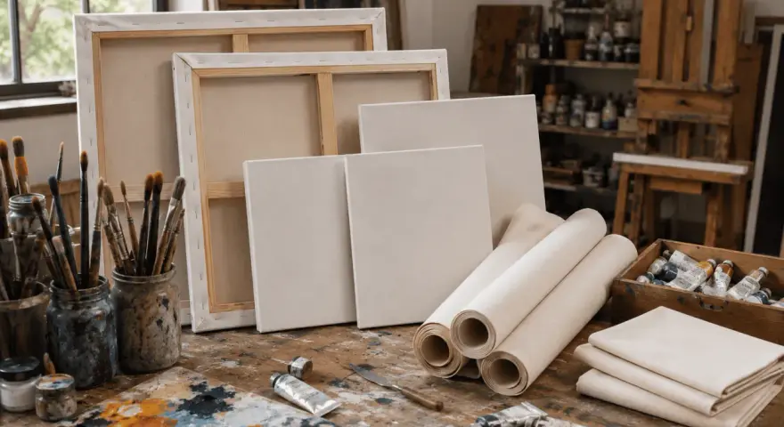 Un atelier d'artiste avec des toiles pour peindre, des pinceaux, des tubes de peinture et une palette.