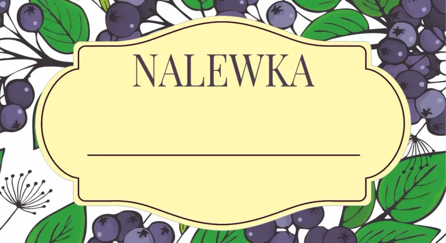 Ilustracja z aronią i liśćmi, z żółtą ramką z napisem "Nalewka".