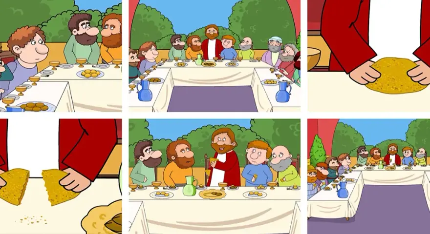 Darstellung des Abendmahls, das den Fronleichnam Ursprung erklärt. Jesus bricht das Brot mit seinen Jüngern.