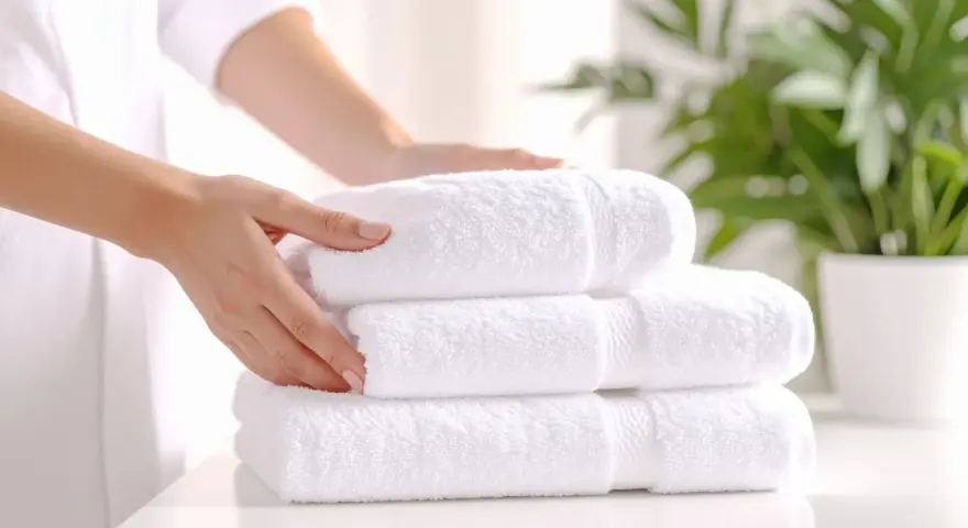 Manos arreglando toallas blancas y esponjosas. Aprende como quitar el olor a humedad de las toallas para que huelan siempre frescas.