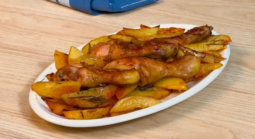 Pollo al forno con patate dorate e rosmarino, un piatto succulento pronto per essere gustato.
