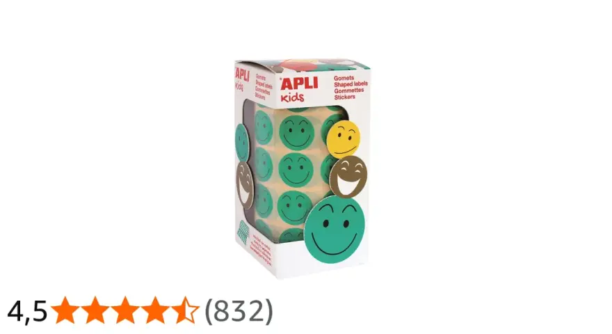 Caja de gomets de APPLI Kids con caritas sonrientes verdes, amarillas y marrones.