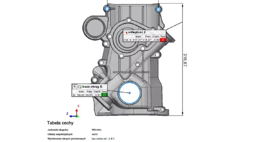 Skan 3D elementu mechanicznego z zaznaczonymi odchyleniami wymiarowymi i tabelą wyników.