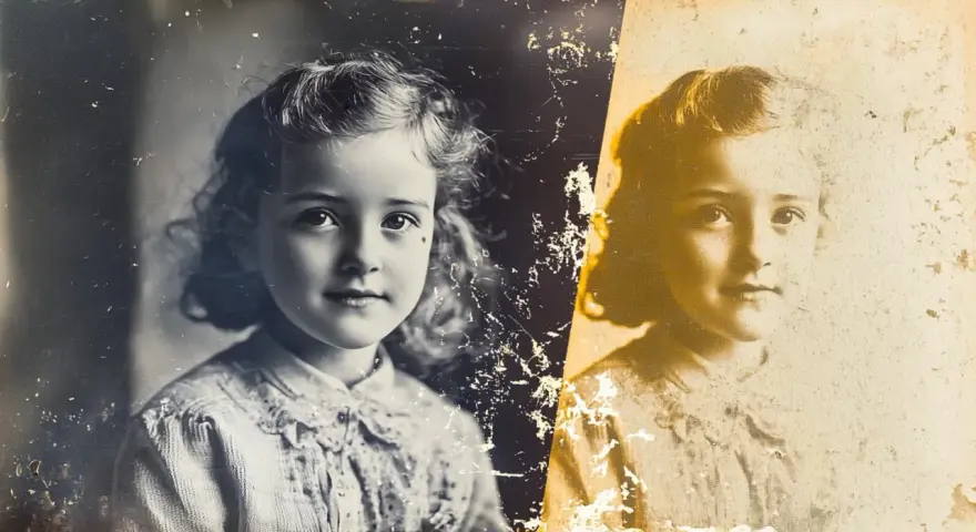 Un portrait d'enfant, divisé en deux. À gauche, une version plus nette, à droite, une version sépia à restaurer photo.