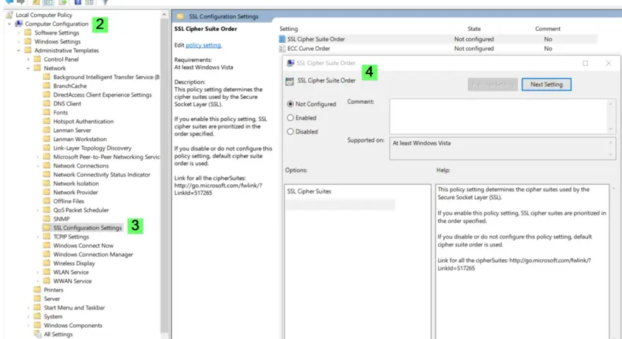 Local Group Policy Editor showing SSL Configuration Settings, specifically the SSL Cipher Suite Order policy.