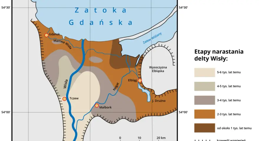 Mapa przedstawia etapy narastania delty Wisły, ukazując rozwój żuław gdańskich na przestrzeni tysięcy lat.