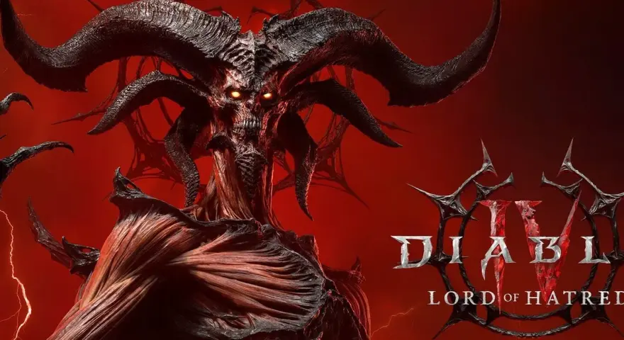 El Señor del Odio de Diablo 4, con cuernos imponentes y ojos llameantes, emerge de un fondo rojo intenso.