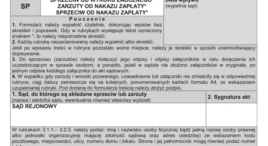 Formularz sprzeciwu od nakazu zapłaty w postępowaniu upominawczym. Instrukcja wypełniania i dane sądu.