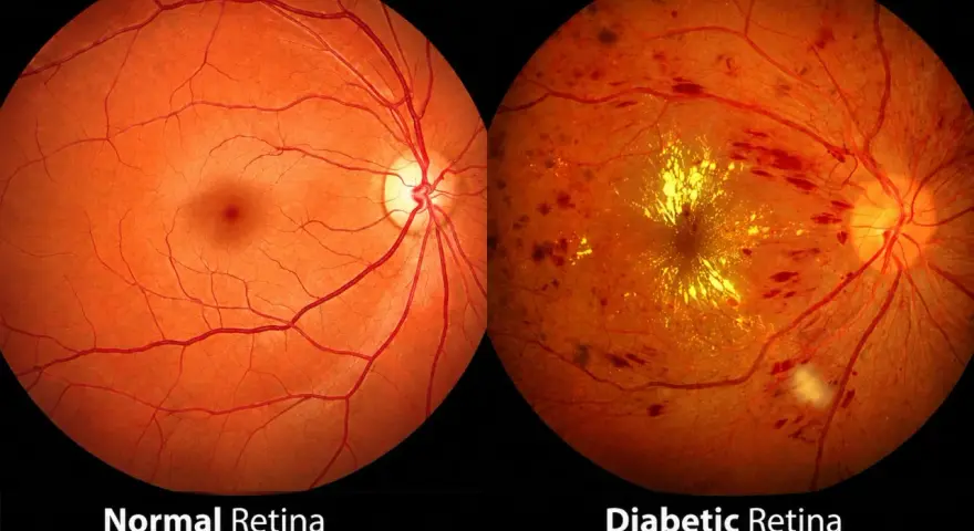 Confronto tra retina normale e retina diabetica con retinopatia diabetica proliferante, evidenziando emorragie e neovascolarizzazione.