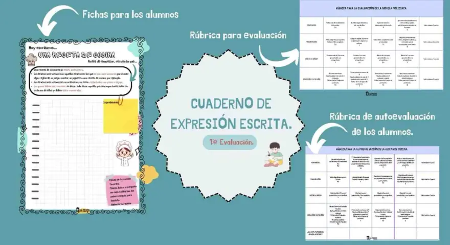 Cuadernillo de expresión escrita para imprimir, con actividades sobre recetas de cocina y rúbricas de evaluación.
