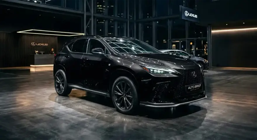 Elegancki, czarny Lexus NX350h lśni w nowoczesnym salonie.