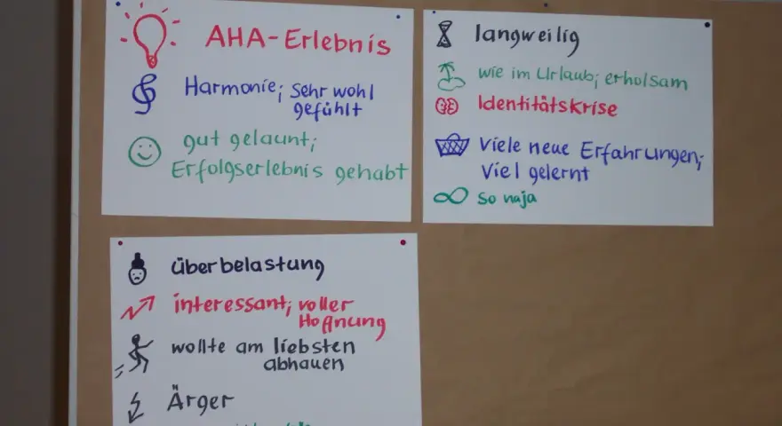 Flipchart mit einem Stimmungsbarometer: AHA-Erlebnis, Harmonie, gut gelaunt, langweilig, Identitätskrise, Überlastung, Ärger.