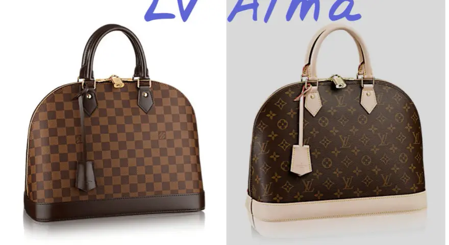 Dwie torebki Louis Vuitton Alma: jedna w kratę Damier Ebene, druga z monogramem.