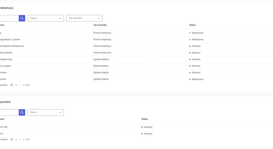 Zarządzanie reklamacjami w Zalando: lista powodów, statusy (aktywny/nieaktywny) i typy słownika. Możliwość dodania nowej pozycji.