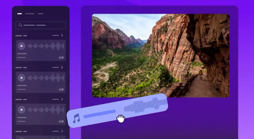 Interfaz de edición de video con paisaje de cañón y lista de audios libres de derechos.