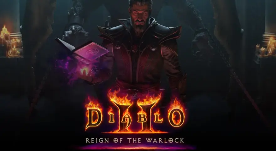 Mroczny mag z księgą zaklęć i płonącymi dłońmi, zapowiadający Diablo 2 Resurrected na PS5.
