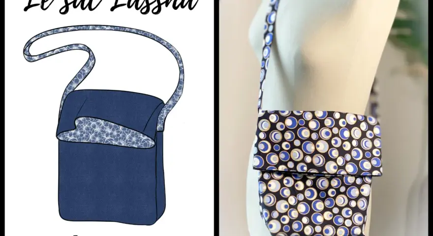 Le sac Lassha, un projet de couture facile. Illustration et photo d'un sac bandoulière bleu avec doublure à fleurs et tissu à pois.