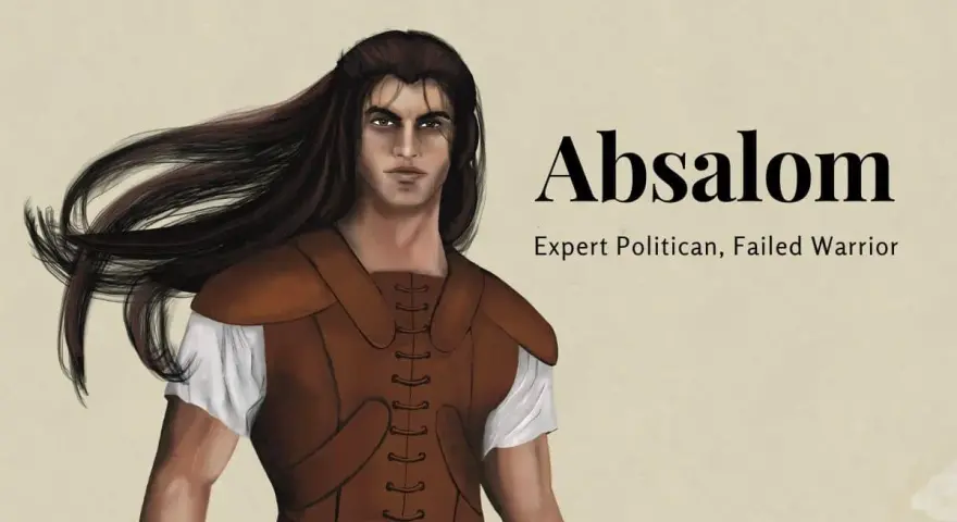 Absalom, trzeci syn króla Dawida, z długimi, rozwianymi włosami i w skórzanej zbroi.